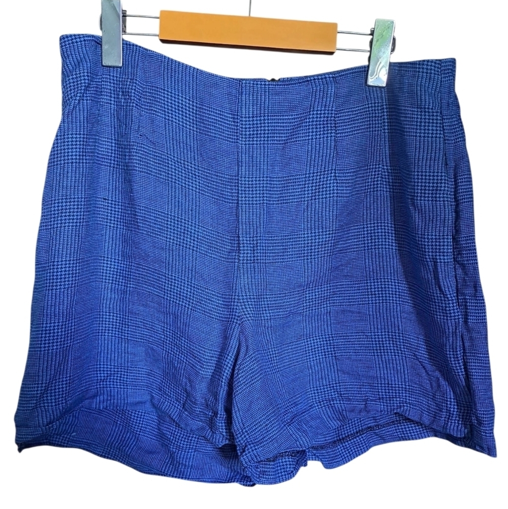 🇨🇦 SLT. 100% Linen Blue Plaid High-Waisted Shorts – Size 12 (Large)